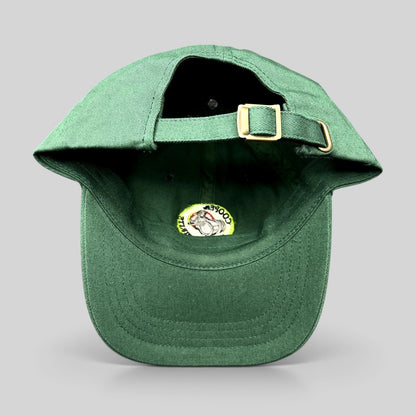 Raree Finds forest green cotton strapback hat with adjustable brass buckle closure and interior logo detail