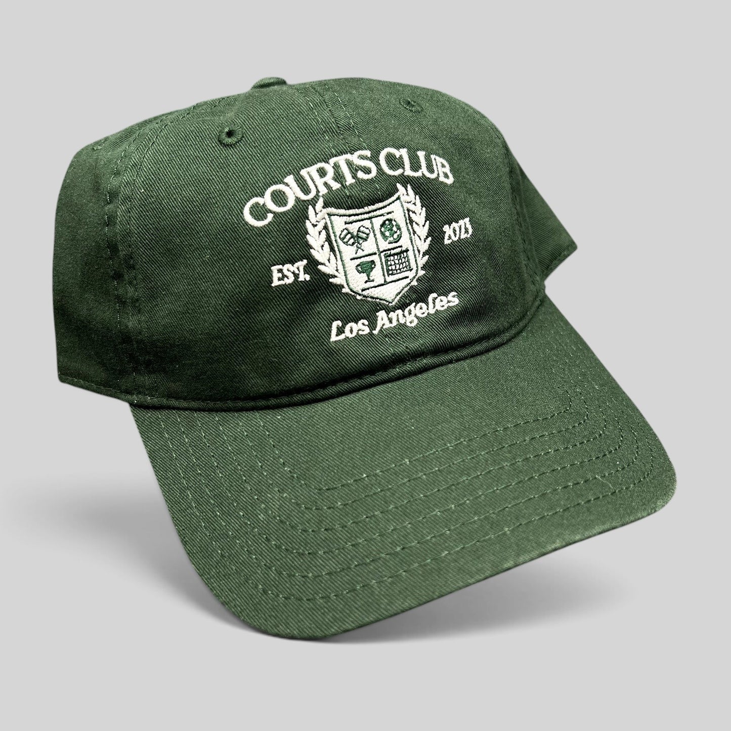 Raree Finds dark green cotton strapback hat with white embroidered Courts Club Los Angeles tennis crest logo