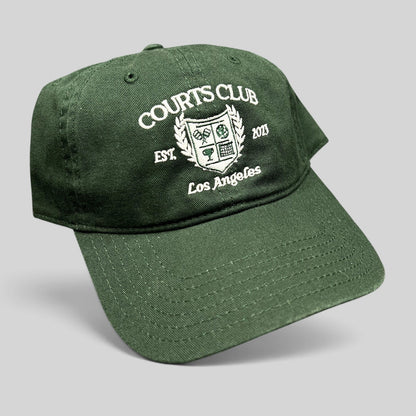 Raree Finds dark green cotton strapback hat with white embroidered Courts Club Los Angeles tennis crest logo