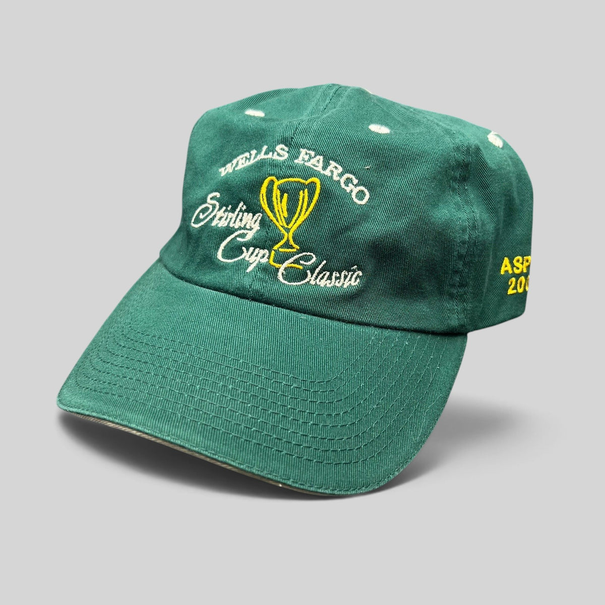 Raree Finds vintage green cotton strapback golf hat with Wells Fargo Sterling Cup Classic embroidered trophy graphic