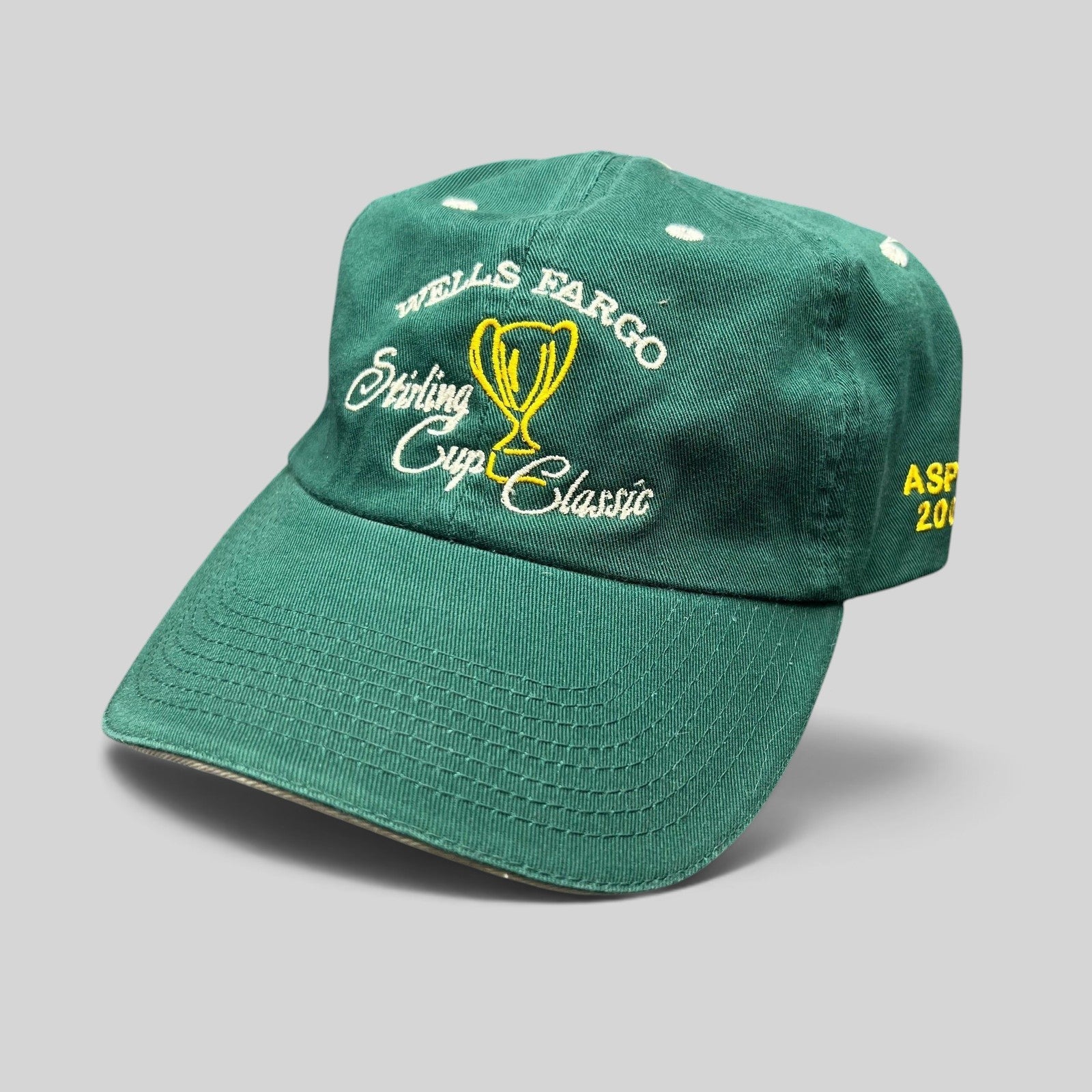 Raree Finds vintage green cotton strapback golf hat with Wells Fargo Sterling Cup Classic embroidered trophy graphic