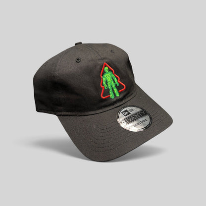 Raree Finds black New Era 9TWENTY cotton cap featuring a green Groot Christmas tree embroidery on the front.