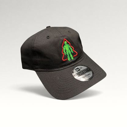 Raree Finds black New Era 9TWENTY cotton cap featuring a green Groot Christmas tree embroidery on the front.