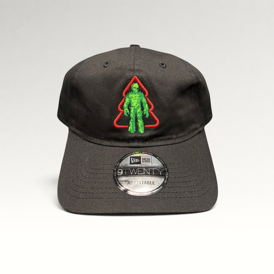 Raree Finds black New Era 9TWENTY cotton hat featuring an embroidered green Groot in a red Christmas tree outline.
