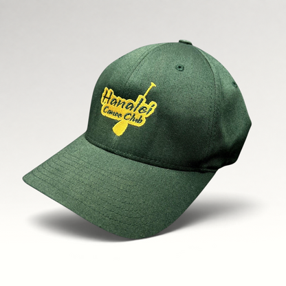 Raree Finds forest green Hanalei Canoe Club Flexfit hat with gold embroidered paddle logo on the front