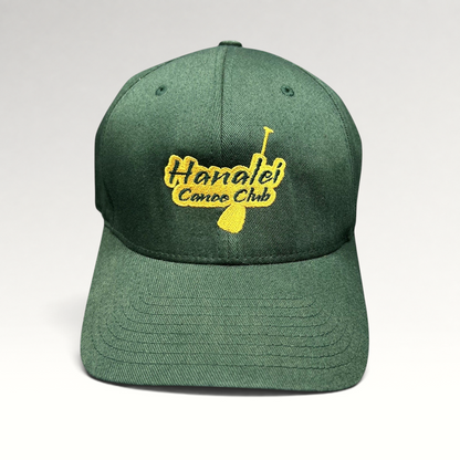 Raree Finds forest green Hanalei Canoe Club Flexfit hat with gold embroidered paddle logo, size S/M.
