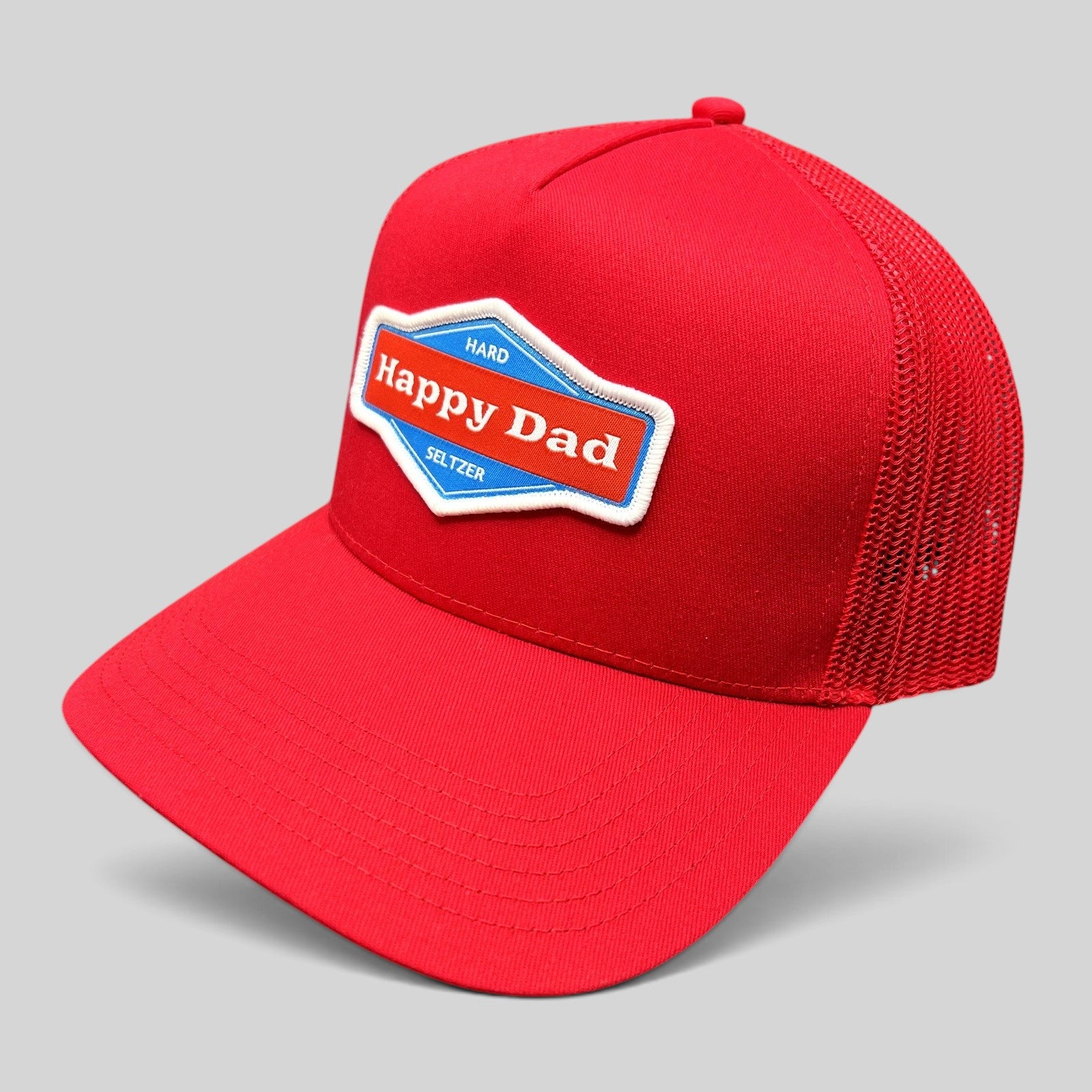 Raree Finds bright red Happy Dad Hard Seltzer trucker snapback hat with an embroidered logo patch and mesh back.