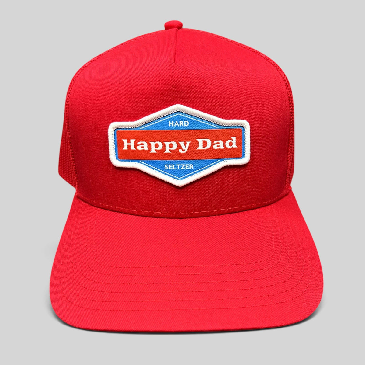 Raree Finds official Happy Dad Hard Seltzer red trucker snapback hat with embroidered front patch logo