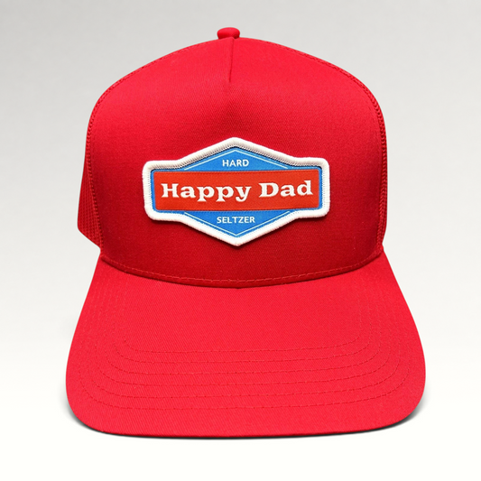 Raree Finds bright red Happy Dad Hard Seltzer trucker snapback hat with embroidered front patch logo and mesh back