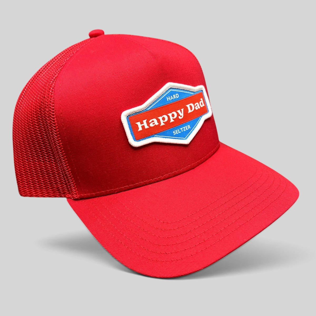 Raree Finds red Happy Dad Hard Seltzer trucker snapback hat with embroidered logo patch and mesh back panels