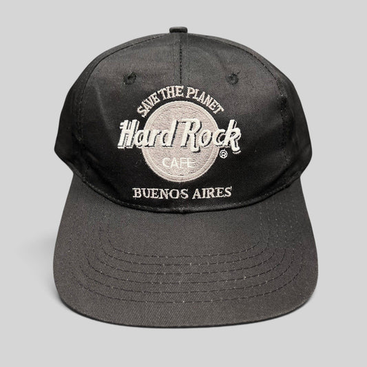 Raree Finds vintage black Hard Rock Cafe Buenos Aires snapback hat with white Save The Planet logo embroidery.
