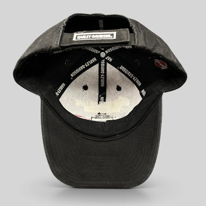 Raree Finds Harley-Davidson black cotton strapback hat interior view showing branded taping and adjustable strap