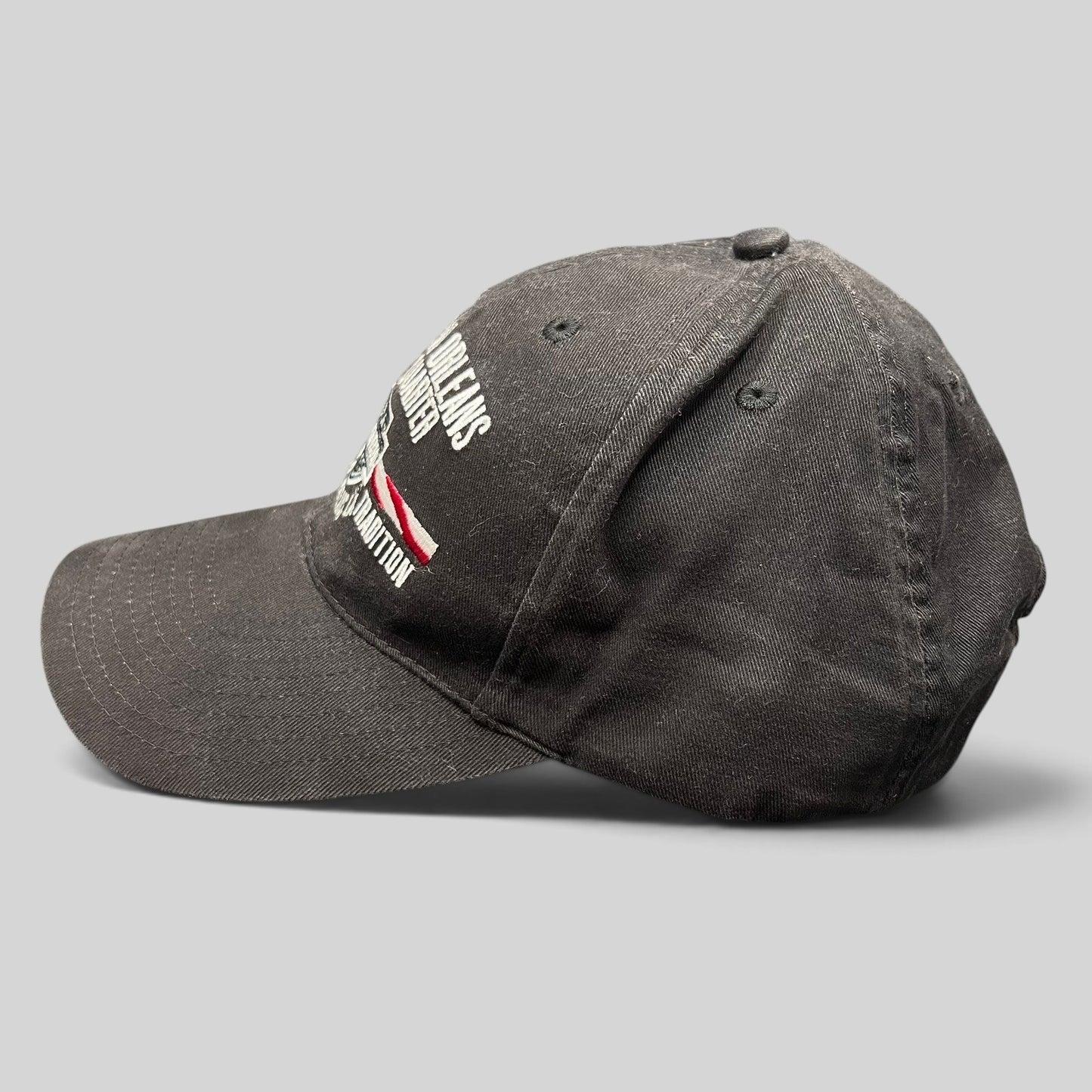 Raree Finds Harley-Davidson black cotton strapback hat with New Orleans French Quarter embroidered graphic side view