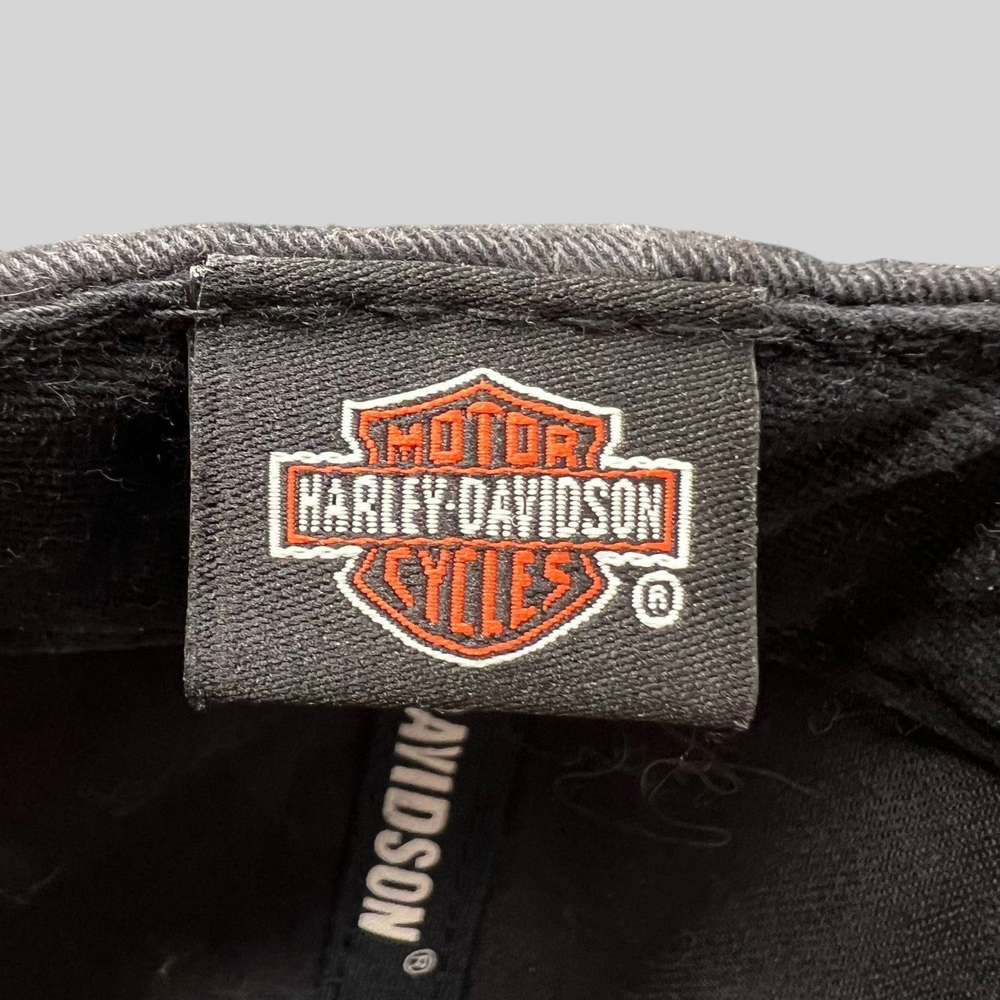 Raree Finds Harley-Davidson black cotton hat interior tag with classic orange and white bar and shield logo