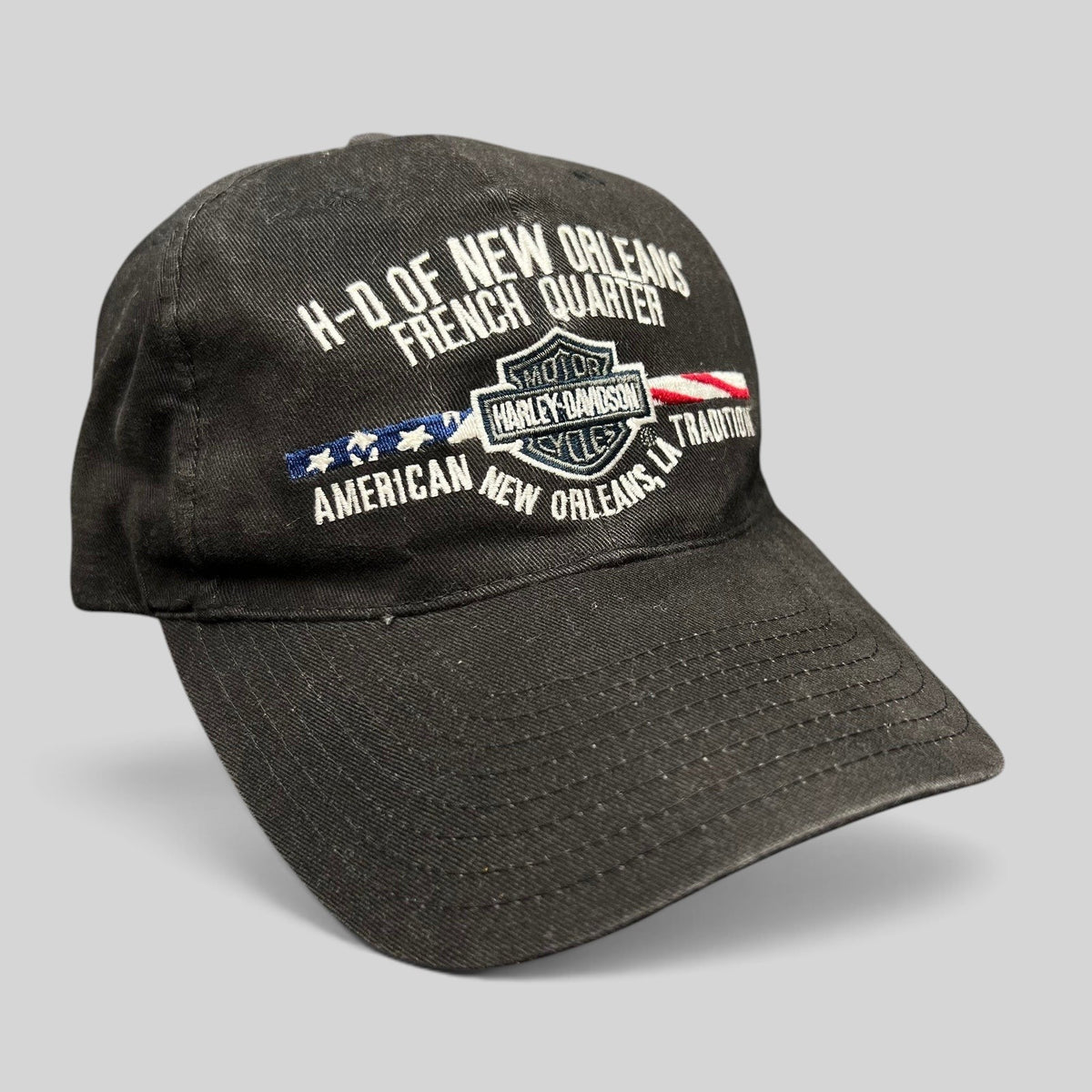 Raree Finds black cotton Harley-Davidson strapback hat with New Orleans French Quarter embroidered flag graphic