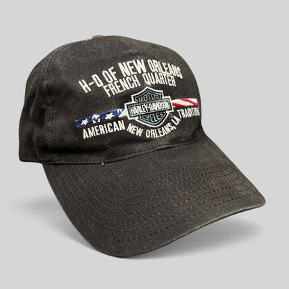 Raree Finds black cotton Harley-Davidson strapback hat with New Orleans French Quarter embroidered flag graphic