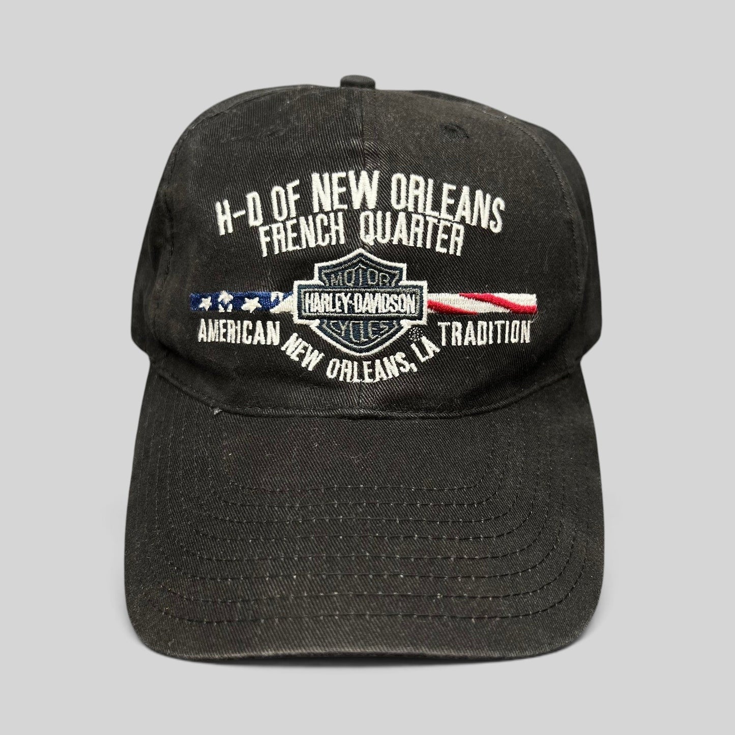 Raree Finds black cotton Harley-Davidson strapback hat with New Orleans French Quarter embroidered flag graphic