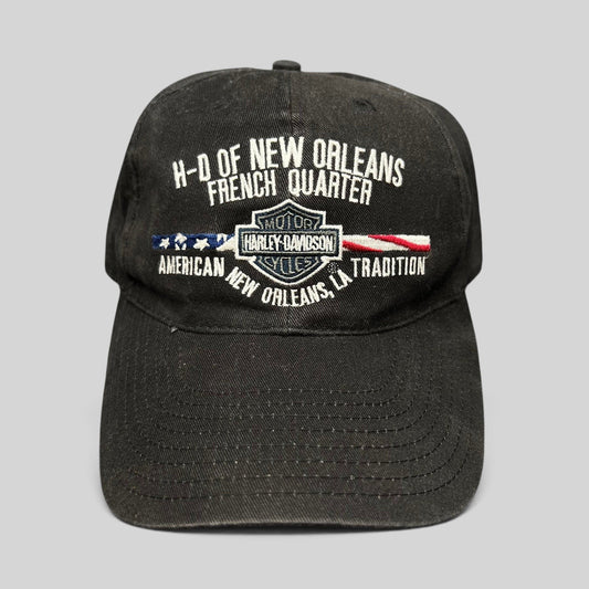 Raree Finds black cotton Harley-Davidson strapback hat with New Orleans French Quarter embroidered flag graphic