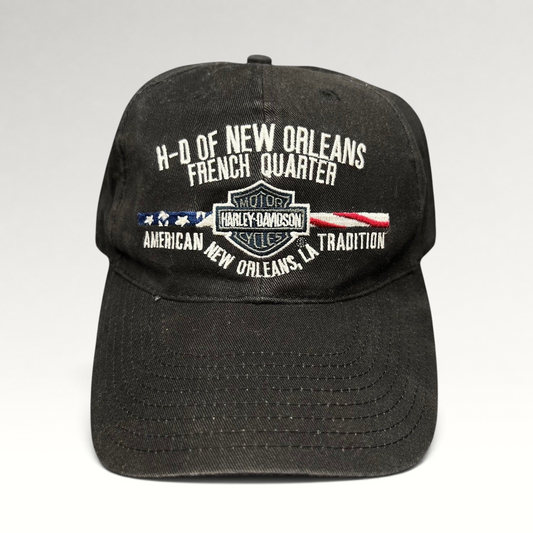 Raree Finds black cotton Harley-Davidson strapback hat with New Orleans French Quarter embroidered flag graphic