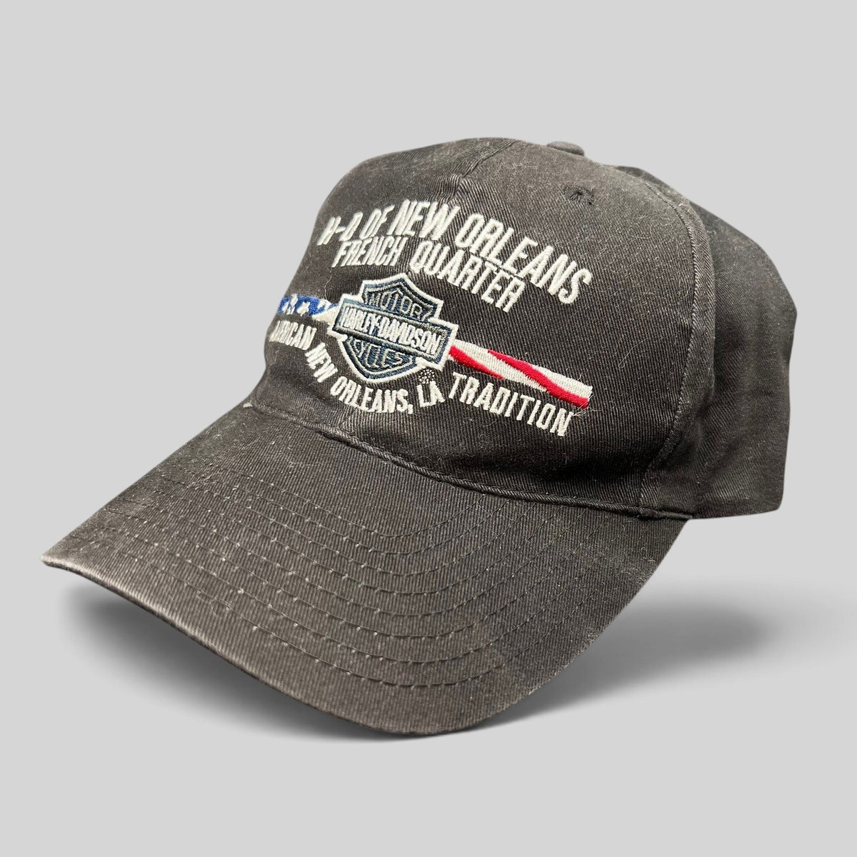 Raree Finds black Harley-Davidson New Orleans French Quarter cotton strapback hat with embroidered flag logo