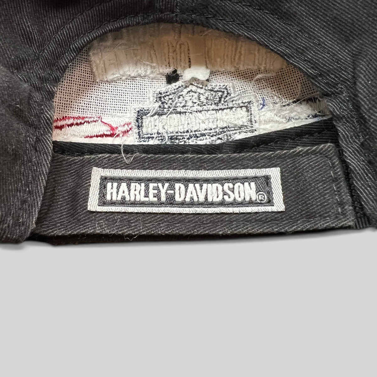 Raree Finds Harley-Davidson black cotton strapback hat with branded interior label and logo embroidery