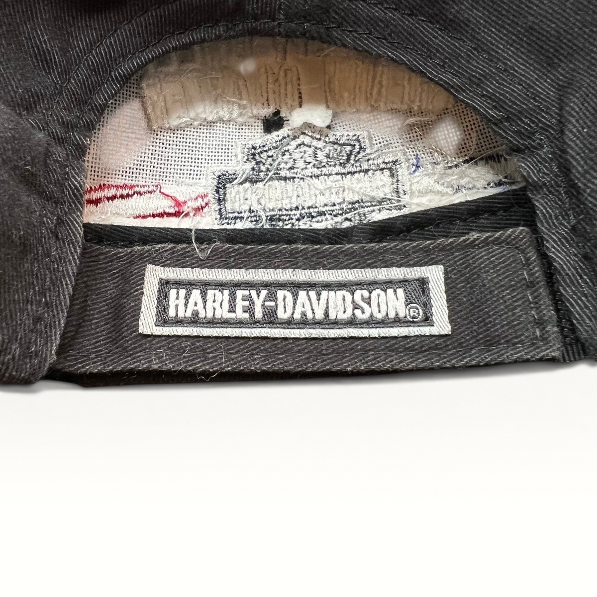 Raree Finds Harley-Davidson black cotton strapback hat with branded interior label and logo embroidery