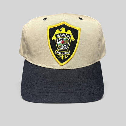 Raree Finds vintage Hawaii 5-0 Police snapback hat in khaki and black with an embroidered badge logo on the front.