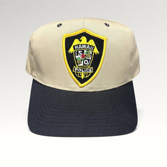 Raree Finds vintage Hawaii 5-0 Police snapback hat in khaki and black with an embroidered badge logo on the front.