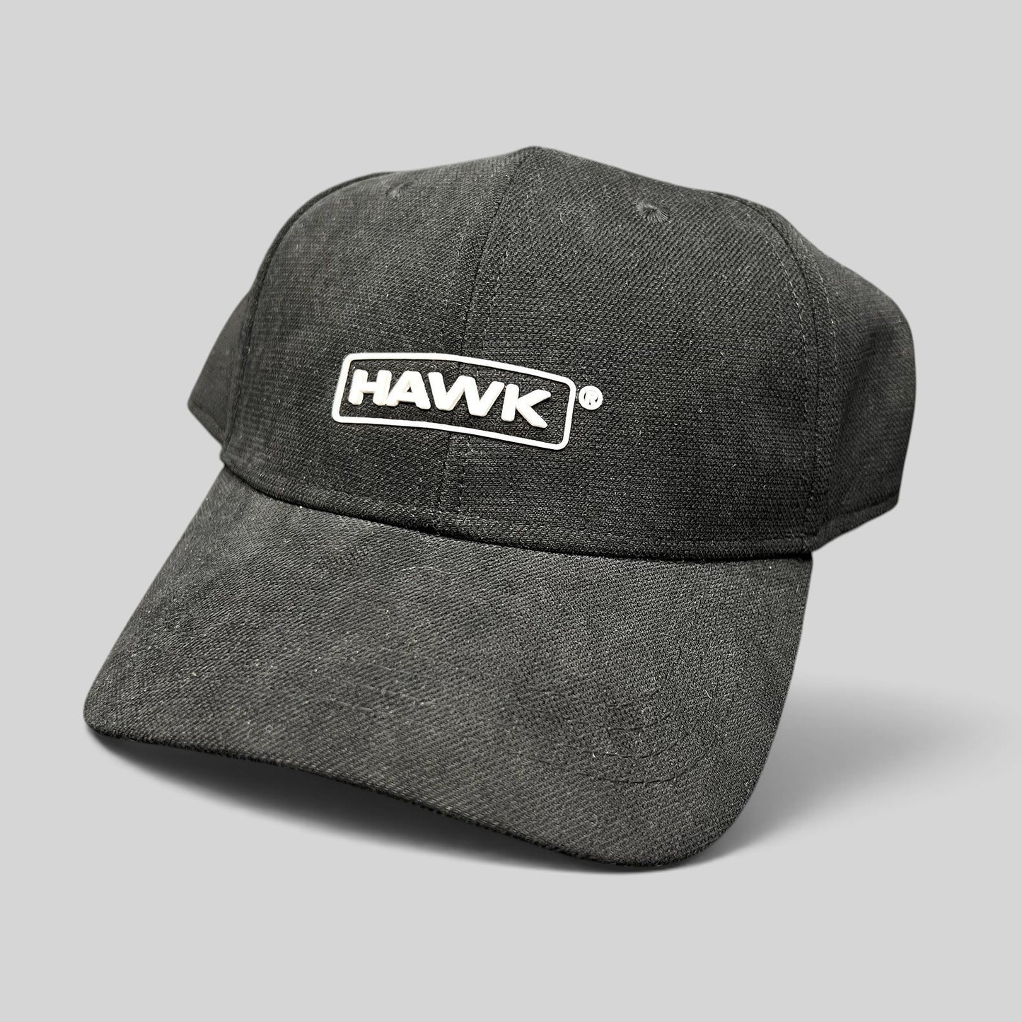 Raree Finds black HAWK strapback cap with white embroidered boxed logo on lightweight polyamide fabric
