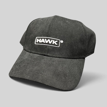 Raree Finds black HAWK strapback cap with white embroidered boxed logo on lightweight polyamide fabric