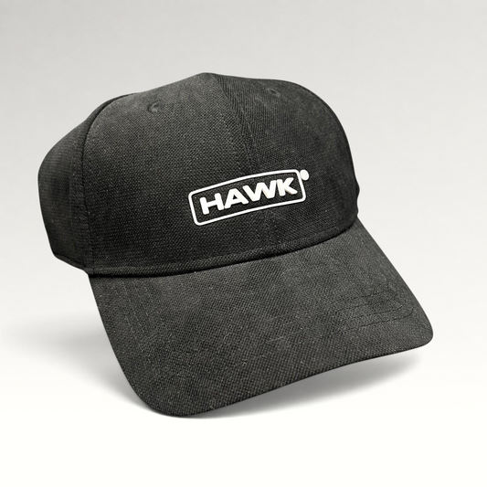 Raree Finds black HAWK strapback cap in lightweight polyamide with an embroidered white boxed logo on the front