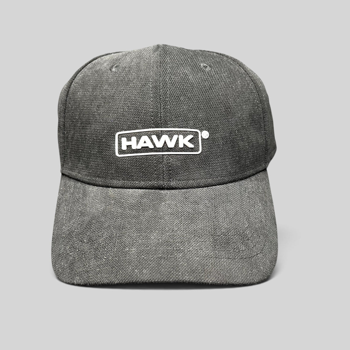 Raree Finds black HAWK strapback cap with white embroidered boxed logo on the front in lightweight polyamide fabric.