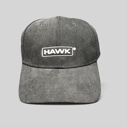Raree Finds black HAWK strapback cap with white embroidered boxed logo on the front in lightweight polyamide fabric.