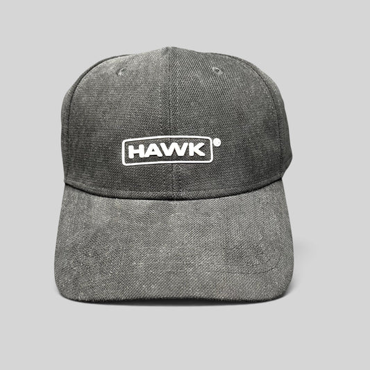 Raree Finds black HAWK strapback cap with white embroidered boxed logo on the front in lightweight polyamide fabric.