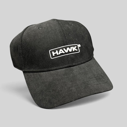 Raree Finds black HAWK strapback hat in lightweight polyamide with a white embroidered boxed logo on the front.