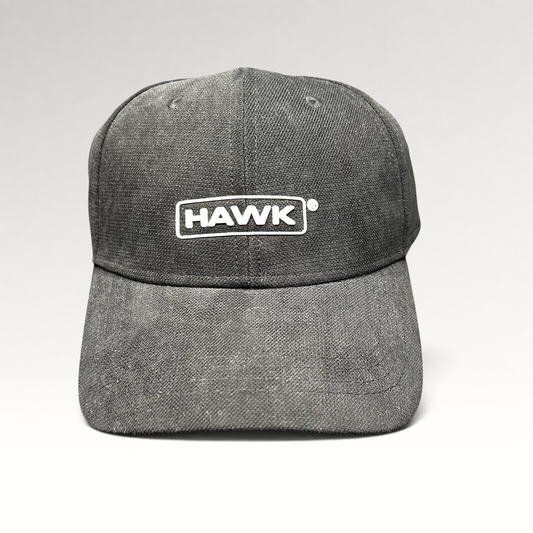 Raree Finds black HAWK strapback cap in lightweight polyamide with a white embroidered boxed logo on the front.