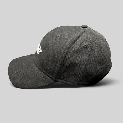 Raree Finds HAWK black polyamide strapback cap with embroidered boxed logo, side profile view