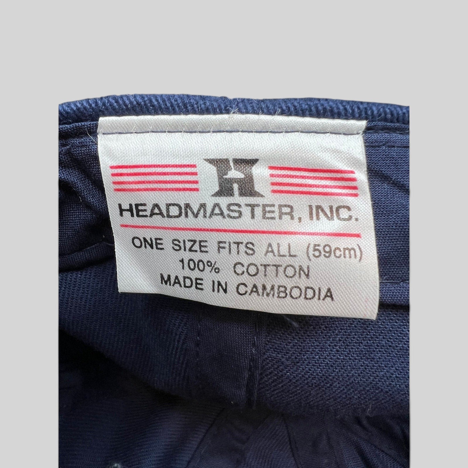 Raree Finds vintage Headmaster Inc cotton hat interior label showing brand logo, size, and material details.