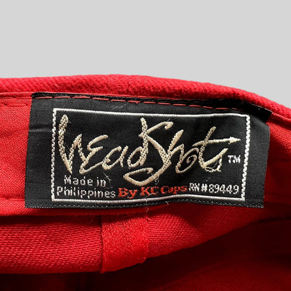 Raree Finds vintage Headshots by KC Caps label inside a bright red promotional hat made in the Philippines