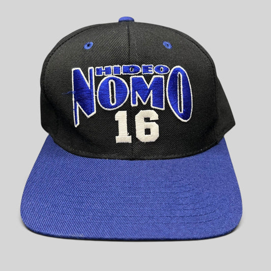 Raree Finds vintage 90s Los Angeles Dodgers Hideo Nomo snapback hat with black crown and blue brim embroidery