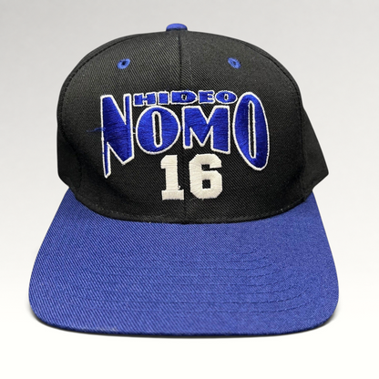 Raree Finds vintage 90s Los Angeles Dodgers Hideo Nomo snapback hat with black crown and blue brim embroidery