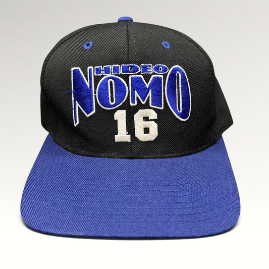 Raree Finds vintage 90s Los Angeles Dodgers Hideo Nomo snapback hat with black crown and blue brim embroidery