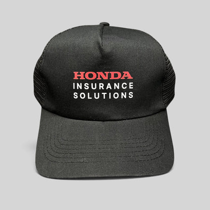 Raree Finds black mesh trucker hat with Honda Insurance Solutions logo in red and white on the structured front panel.