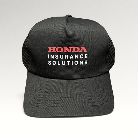 Raree Finds black mesh trucker hat with Honda Insurance Solutions logo in red and white on the structured front panel.
