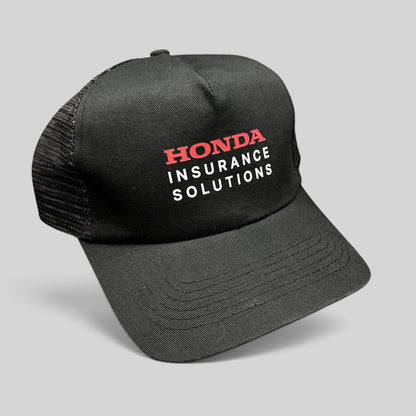 Raree Finds black mesh trucker hat with red and white Honda Insurance Solutions logo on the structured front panel.