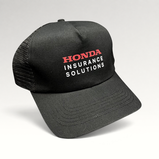 Raree Finds black mesh trucker hat with red and white Honda Insurance Solutions logo on the structured front panel.