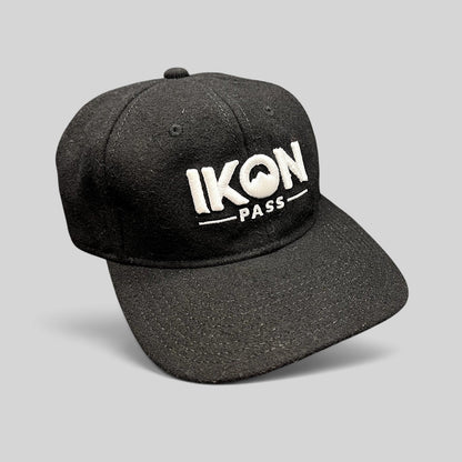 Raree Finds black wool-blend Ikon Pass strapback hat with white embroidered logo for skiing and snowboarding