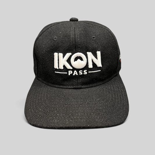 Raree Finds black wool-blend Ikon Pass strapback hat with white embroidered logo, front view