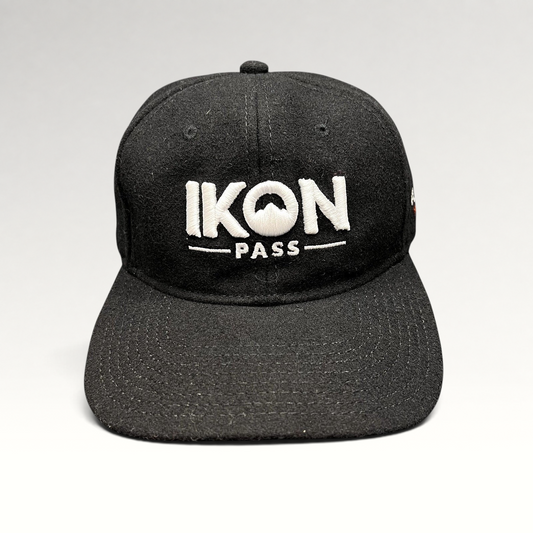 Raree Finds black wool-blend strapback hat with white embroidered Ikon Pass logo, perfect for winter sports.