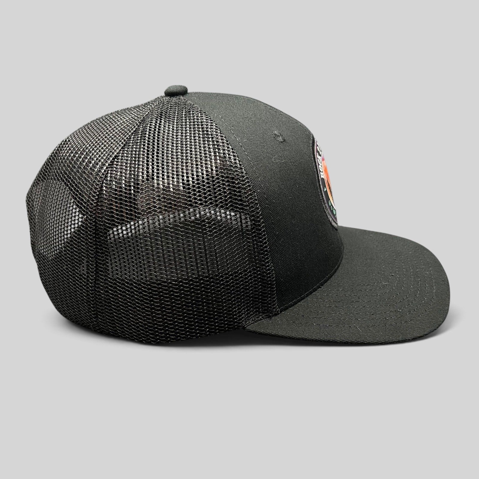 Raree Finds In-N-Out Burger Rock 2 Freedom black trucker hat with mesh back and graphic patch, side profile view.
